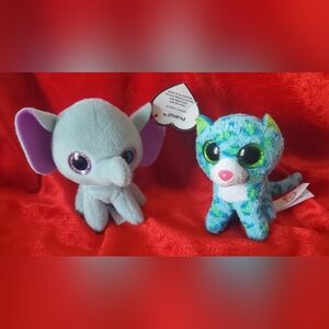 3" Beanie‎ Boo's Elephant "Peanut" (2017) blue and Leopard "Leona" (2014) teal
